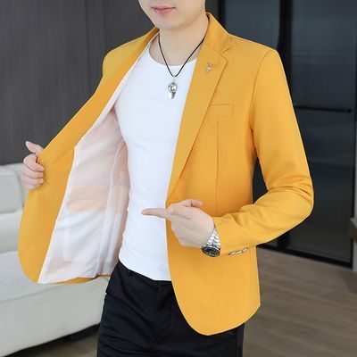 春秋季新款黄色西服男士韩版修身外套潮流单西上衣商务休闲小西装优惠商品图片