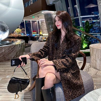 韩版鹿皮绒复古豹纹西装外套女2026春秋新款宽松休闲百搭西服上衣