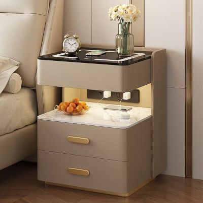 智能床头柜实木轻奢无线充电感应灯密码锁卧室家用床边柜(免安装)