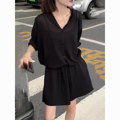 胖mm特大码300斤夏装时尚套装黑色薄款连帽防晒上衣短裤两件套装【15天内发货】