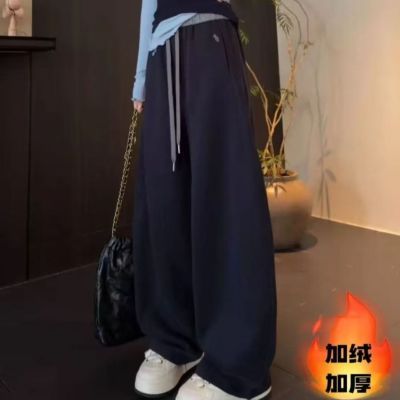 加绒撞色腰头抽绳阔腿卫裤 垂感弯刀休闲裤 慵懒风显瘦长裤优惠商品图片