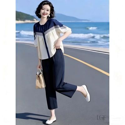 素雅女装原创品牌订制复古洋气拼接宽松衬衫松紧腰九分阔腿裤套装