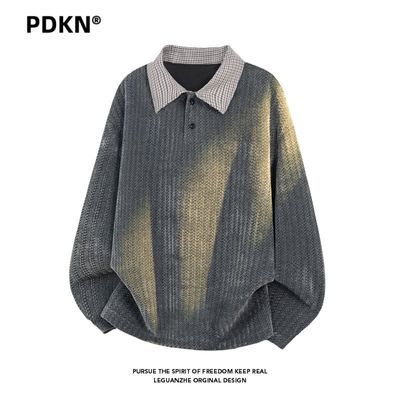 PDKN 鱼骨纹撞色拼接翻领卫衣男2026春季新款青少年外穿长袖t恤潮【7天内发货】