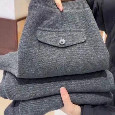 小个子绵羊毛斜纹休闲裤女2026春季新款松紧高腰宽松软糯阔腿裤