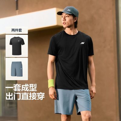 【斯凯奇】短袖+短裤两件套男户外运动服短袖短裤套装男P226M237
