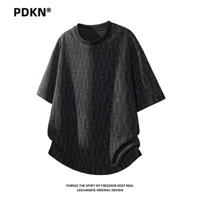 PDKN潮牌 复古提花格子短袖T恤衫男2026夏季新款青少年五分袖上衣【3天内发货】