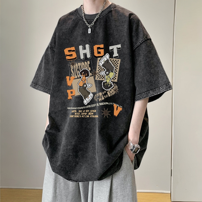 夏季水洗做旧短袖t恤男女ins潮牌宽松美式高街复古纯棉半袖体恤衫