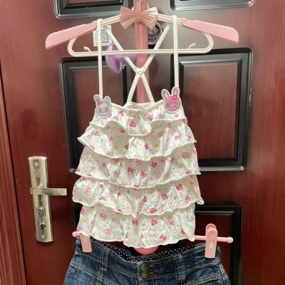 日系可爱童趣古着蝴蝶结吊带背心少女夏季甜美短款软妹甜妹上衣