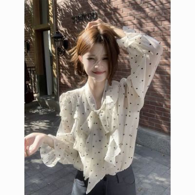 法式气质高级感荷叶边波点长袖衬衣女春季温柔风绑带别致衬衫套装