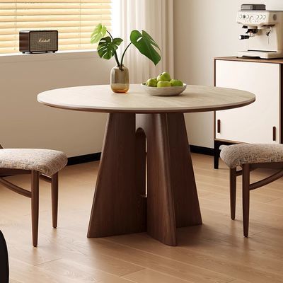 圣康洞石岩板实木圆桌中古风高级感家用小户型圆形餐桌椅