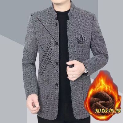 新款男士保暖毛呢外套呢大衣秋冬立领加棉加厚休闲夹克中年爸爸装