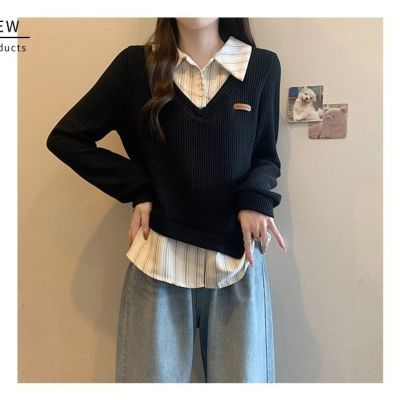 大码春秋新款韩版mm宽松显瘦假两件长袖女装卫衣条纹衬衫拼接上衣