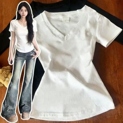 纯棉正肩v领上衣女夏季纯色百搭设计感小众短袖t恤女修身收腰显瘦