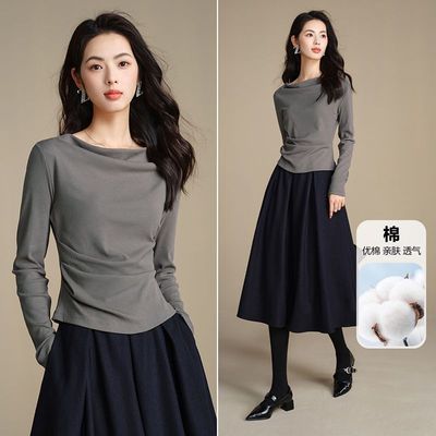 晚白【新品】【含棉】百搭打底衫女荡领秋季沉稳修身上衣25073022