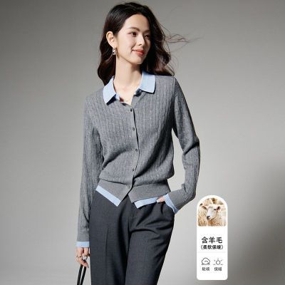 晚白【新品】【含羊毛】翻领针织衫女秋休闲假两件针织衫25052521