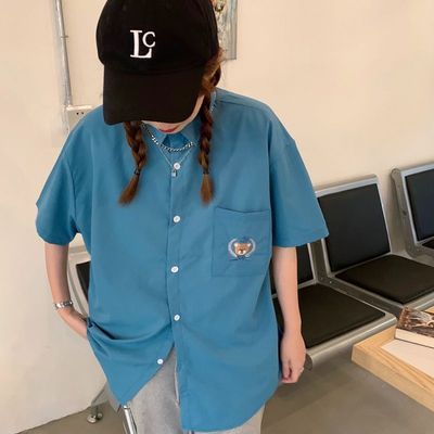 街头学院风可爱少女小熊刺绣纯色短袖衬衫上衣男女【7天内发货】