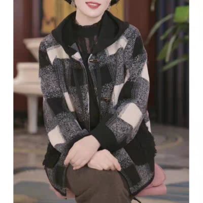 新时尚妈妈双面绒针织新款格子外套宽松连帽开衫毛呢春秋款优惠商品图片
