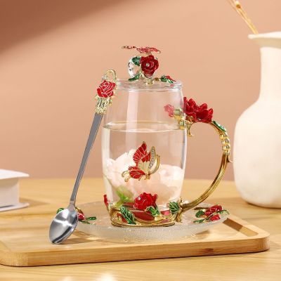新珐琅彩中式珐琅玫瑰水晶茶杯便携带盖无铅玻璃居家办公校园礼物