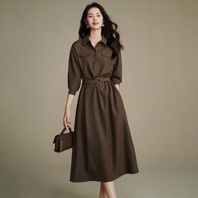 晚白【新品】长袖连衣裙秋款翻领收腰优雅大气时尚裙子25073103