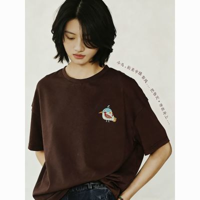 夏新纯棉100%棉T恤女休闲百搭可爱显瘦上衣文艺复古小鸟刺绣短袖