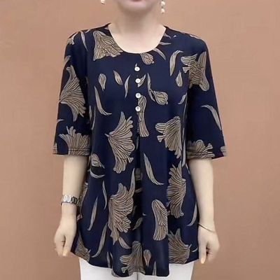 高档洋气中老年宽松圆领大码T恤上衣清凉透气遮肚子显瘦印花小衫