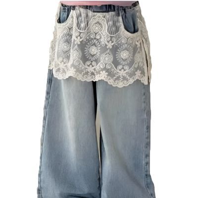 女童春装裤子2026新款儿童时髦韩版蕾丝边牛仔裤女孩春秋直筒裤潮优惠商品图片