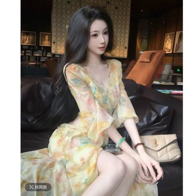 【雅乔定制】吉维尼花园 灯笼袖水彩晕染油画连衣裙法式收腰长裙【14天内发货】