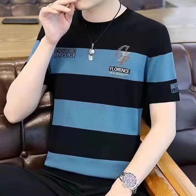 时尚条纹圆领冰丝短袖T恤男夏季新款韩版潮流青少年半袖t恤上衣男
