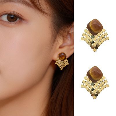 ins轻奢美拉德虎眼石亮片流苏耳夹女无耳洞耳环925银针耳钉蚊香盘