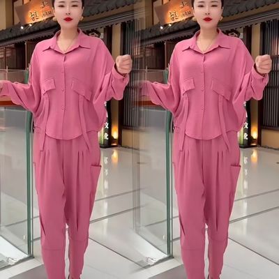 套装女夏季简约新款时尚妈妈装休闲复古宽松气质开衫哈伦裤两件套