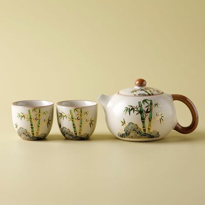 米黄汝窑潇湘竹石西施壶一壶两杯家用陶瓷汝窑开片功夫茶具小套装