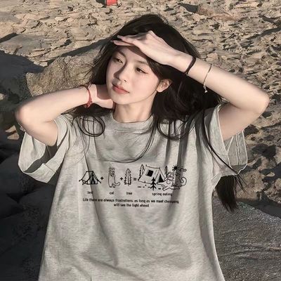 灰色短袖t恤女2026新款夏季纯棉学生宽松半袖初中生独特漂亮上衣