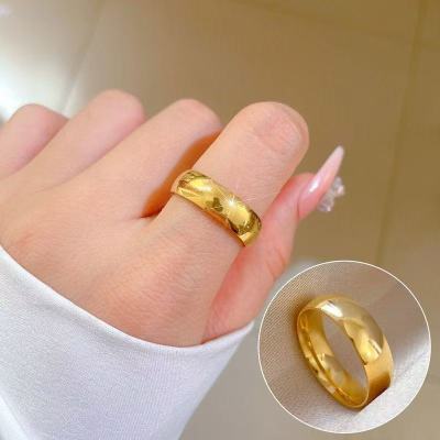 不掉色亮面金色钛钢戒指女款素圈小众简约情侣男指环高级感尾戒潮