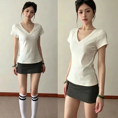 纯棉美式正肩V领短袖女夏季修身显瘦收腰设计T恤简约百搭纯色上衣