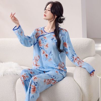 夏季薄款女棉绸睡衣长袖套装加大码学生春秋短袖妈妈装韩版家居服
