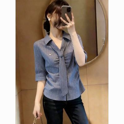 领带V领短袖条纹衬衫女夏季新款大码胖mm显瘦高级感气质打底上衣