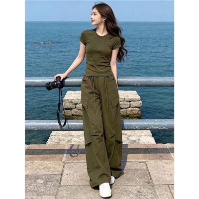 深圳南油美式军绿色套装女夏季超火显瘦修身短袖工装阔腿裤两件套【7天内发货】