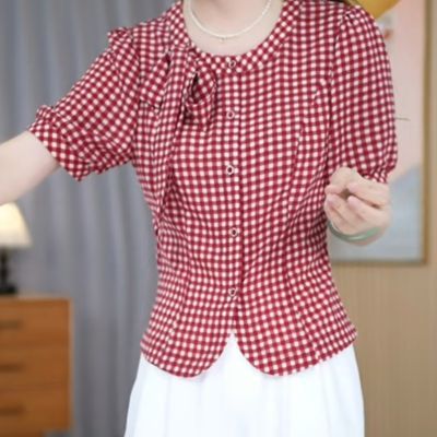格纹上衣经典新款设计休闲复古系带蝴蝶结修身显瘦时尚洋气衬衫夏【5月25日发完】