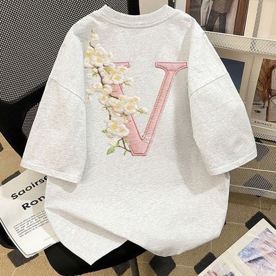 夏季美式vintage花朵字母印花仿刺绣短袖t恤男女百搭甜酷风上衣