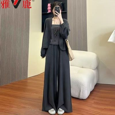 雅鹿夏季慵懒风三件套开衫+条纹背心+高腰阔腿裤遮肉显瘦懒人套装