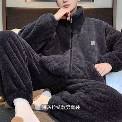 雪花家居服冬季法兰绒睡衣套装珊瑚绒可外大码宽松暖绒男士立领优惠商品图片