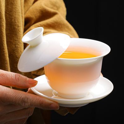 羊脂玉德化白瓷手工陶瓷泡茶盖碗茶杯大号三才碗茶碗套釉下彩盖碗