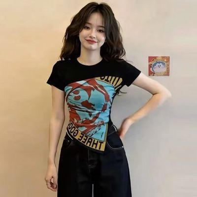 美式复古涂鸦印花圆领短袖T恤女夏季百搭显瘦上衣气质大码