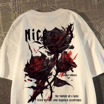 美式复古暗黑玫瑰印花短袖t恤潮酷男女情侣款夏季街头宽松上衣