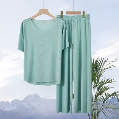 新款薄款冰丝睡衣女夏装女装宽松套装简约圆领长裤家居服两件套