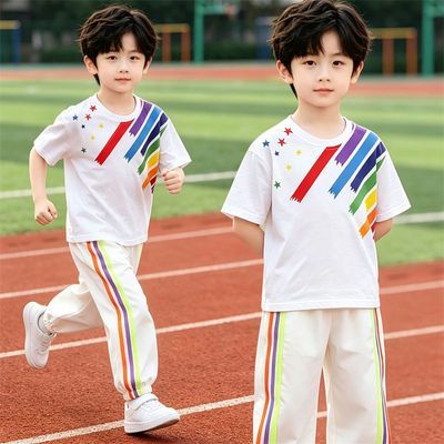 新款儿童男女童白色套装彩虹小学生幼儿园啦啦队夏款运动清新套装