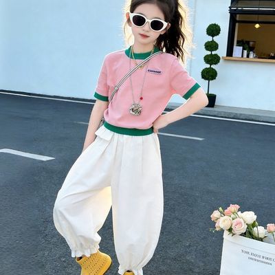 女童套装韩版2026新款撞色短袖儿童防晒圆领花边灯笼裤夏季优惠商品图片