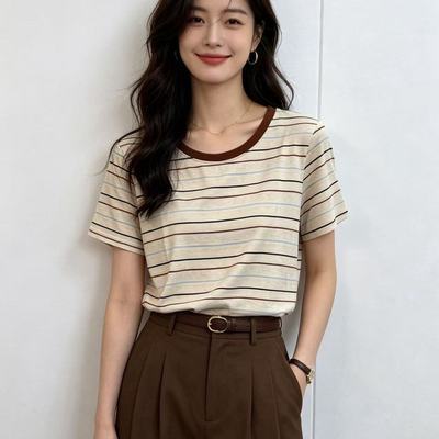 特别漂亮上衣撞色圆领条纹短袖小众女宽松休闲设计感别致正肩t恤
