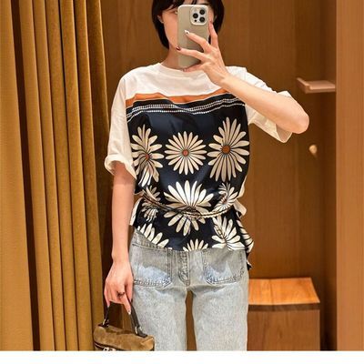 SANLAI 韩式千金风丝感雏菊宽松通勤短袖印花拼接系结圆领T恤上衣