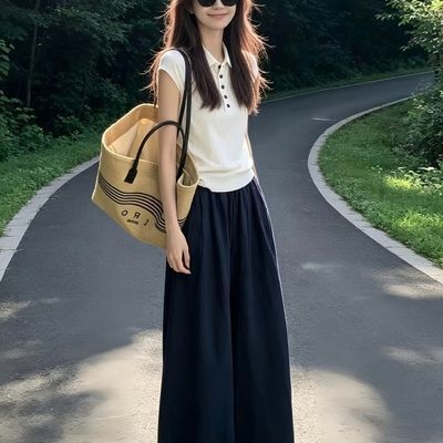 韩系简约时尚一整套2026新款单排扣polo短袖夏季套装阔腿裤两件套【15天内发货】